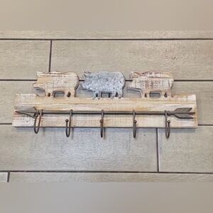 PREMIER HOUSE Wood Metal 3 Pigs Coat Keys Hat Holder Hooks Farmhouse #0615256
